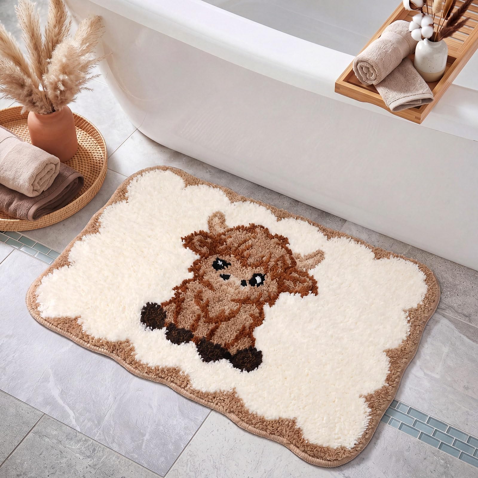 Plush microfiber Highland cow bathroom rug for absorbent use
