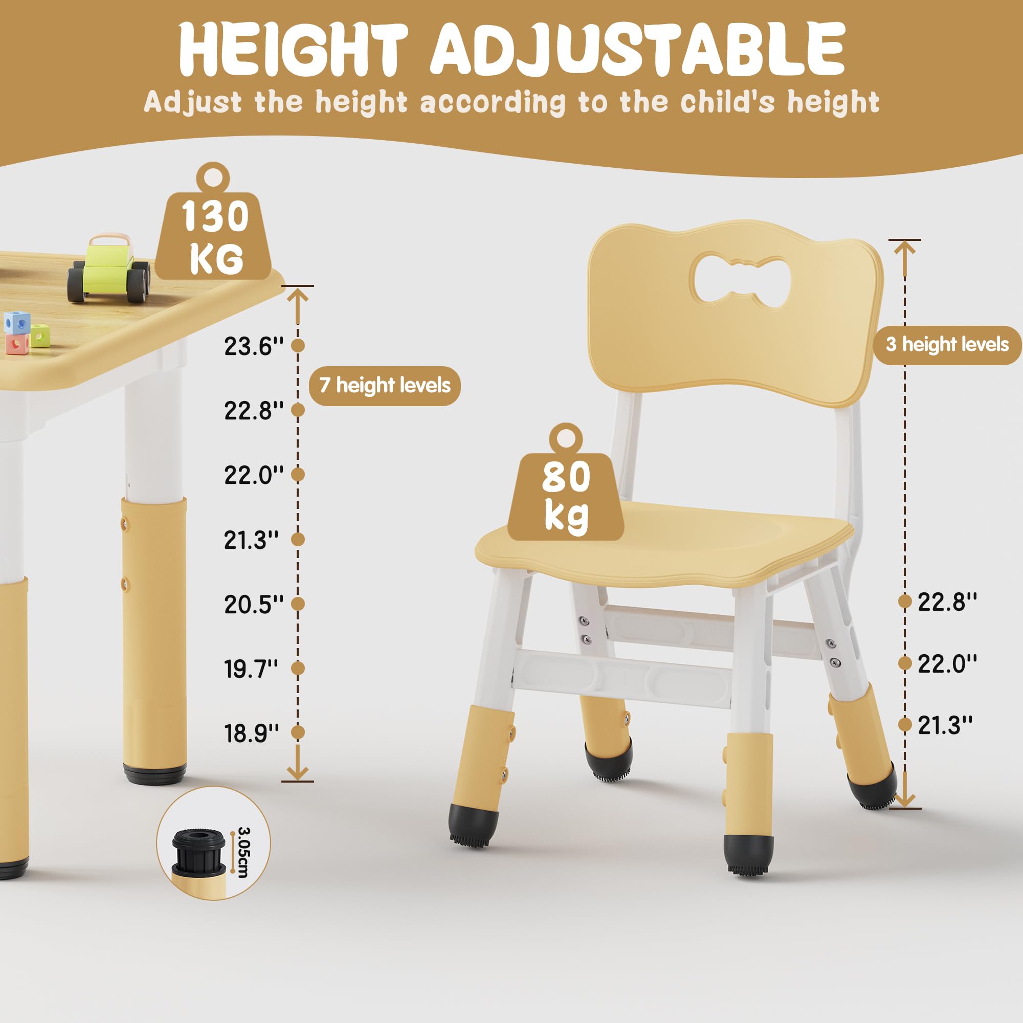 Height adjustable table and chairs showing height levels