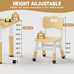 Height adjustable table and chairs showing height levels