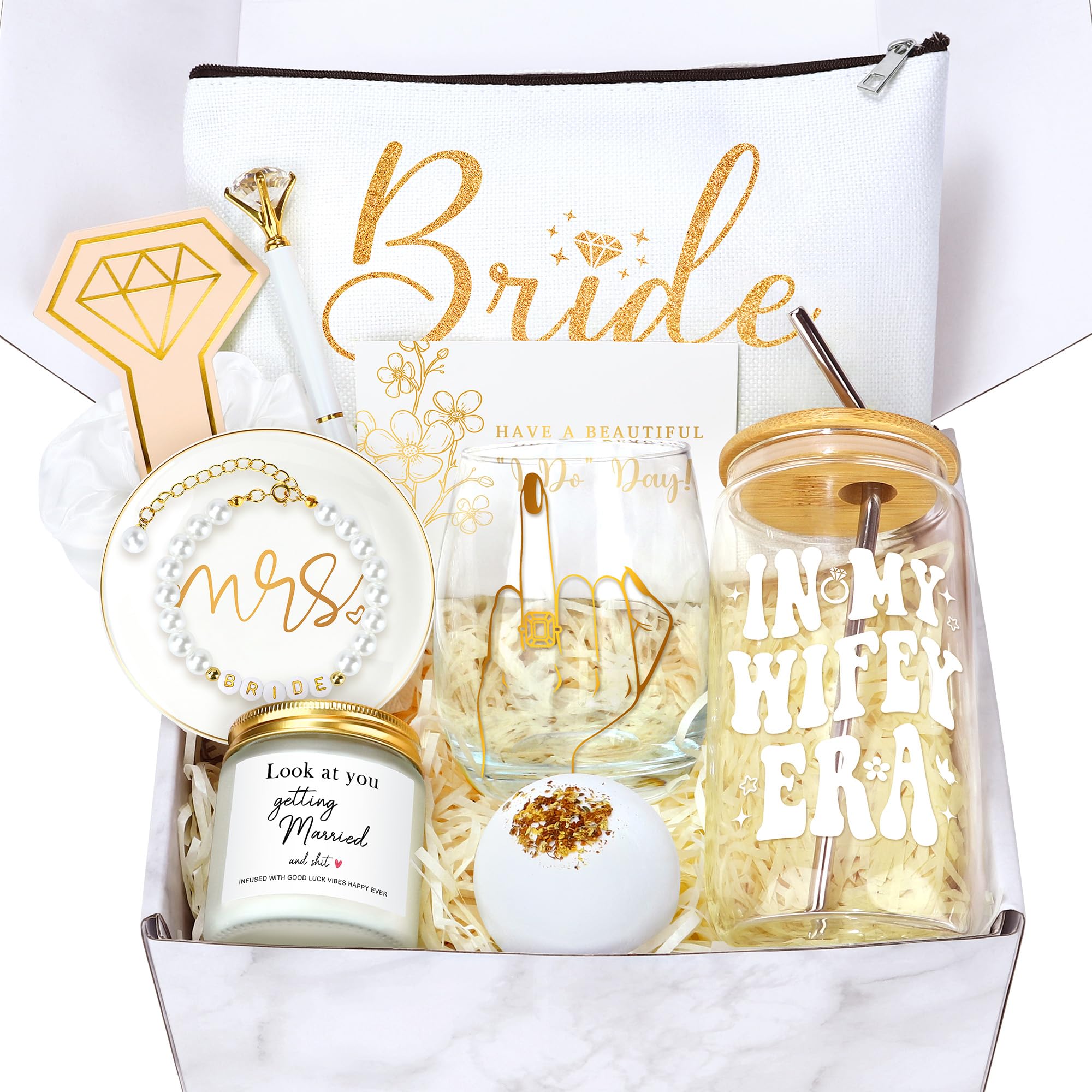 11 item bridal shower gift box contents including glass cup