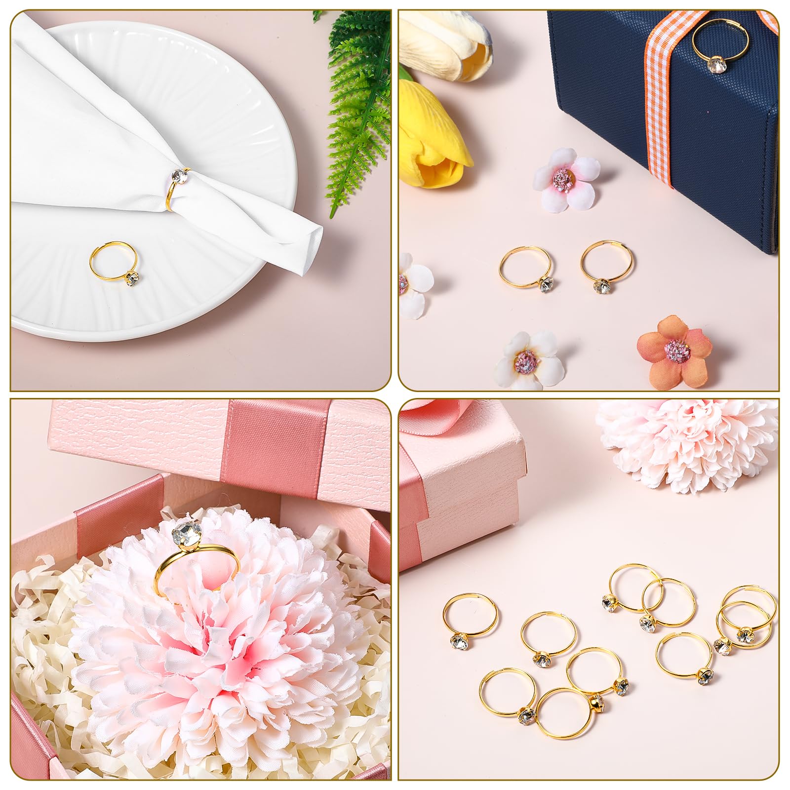Bridal shower decor with gold rings on table