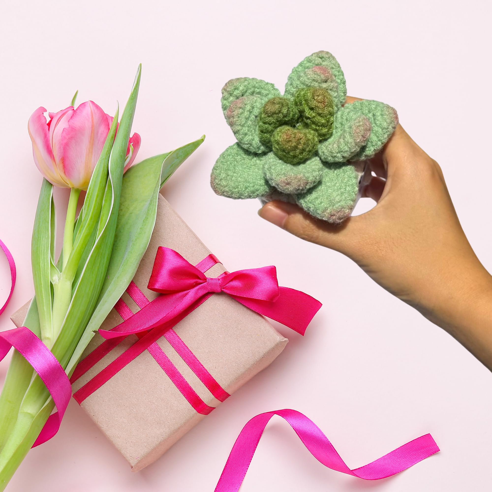 Pink powder tipped leaf detail on crochet plant