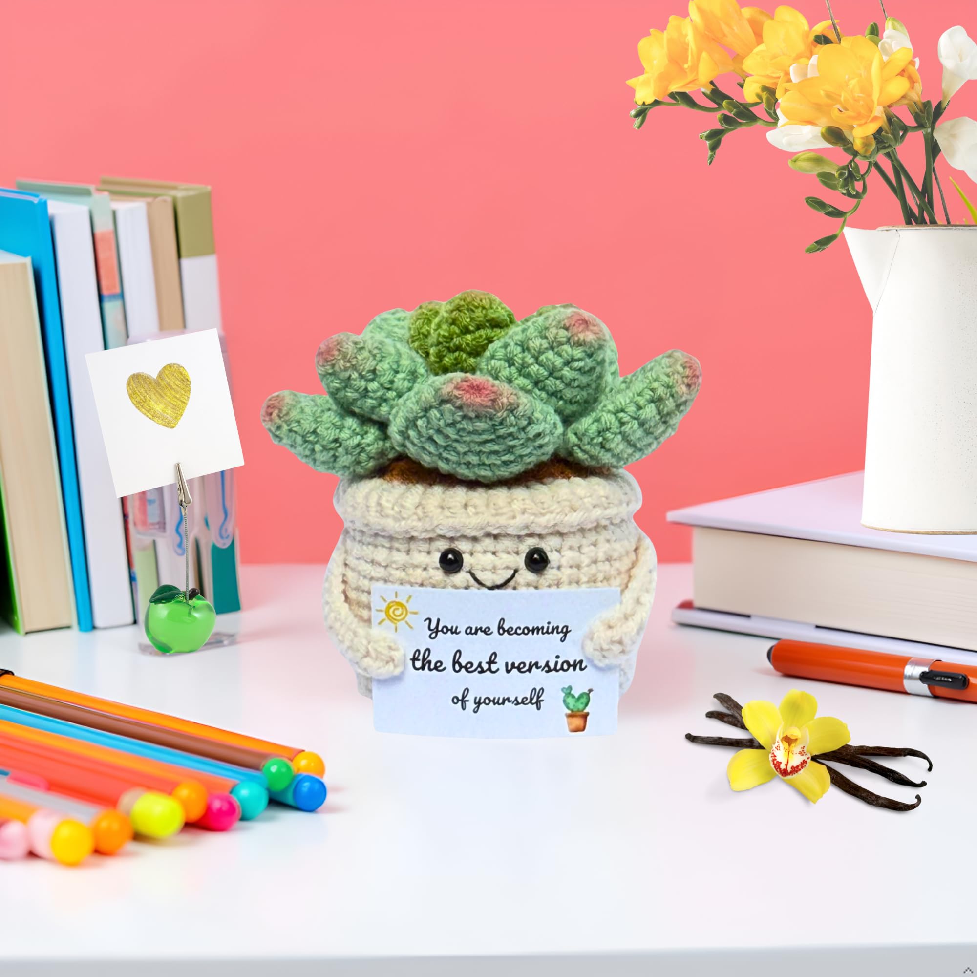 Handmade crochet succulent with uplifting card