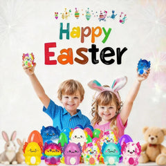 Bright colored easter eggs and squishy toys