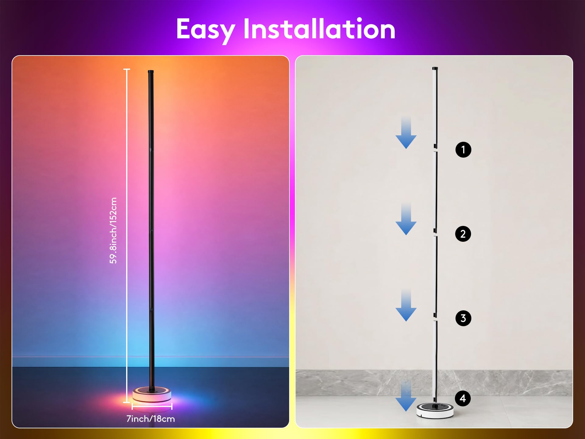 RGBICW LED corner floor lamp with app control