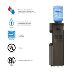 Top loading design showing bottle compatibility with 3 to 5 gallon bottles
