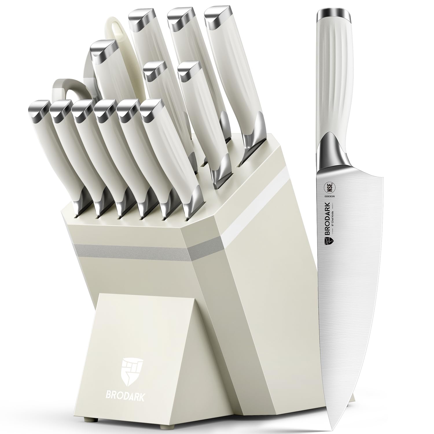 BRODARK 15-piece kitchen knife set with block and sharpener