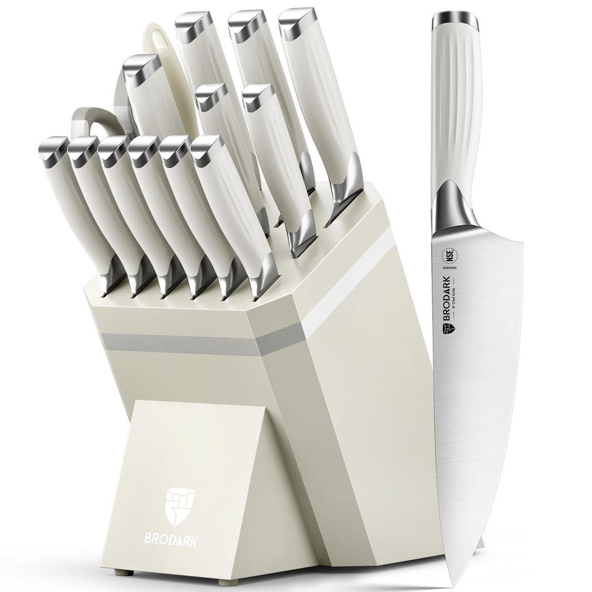 BRODARK 15-piece kitchen knife set with block and sharpener