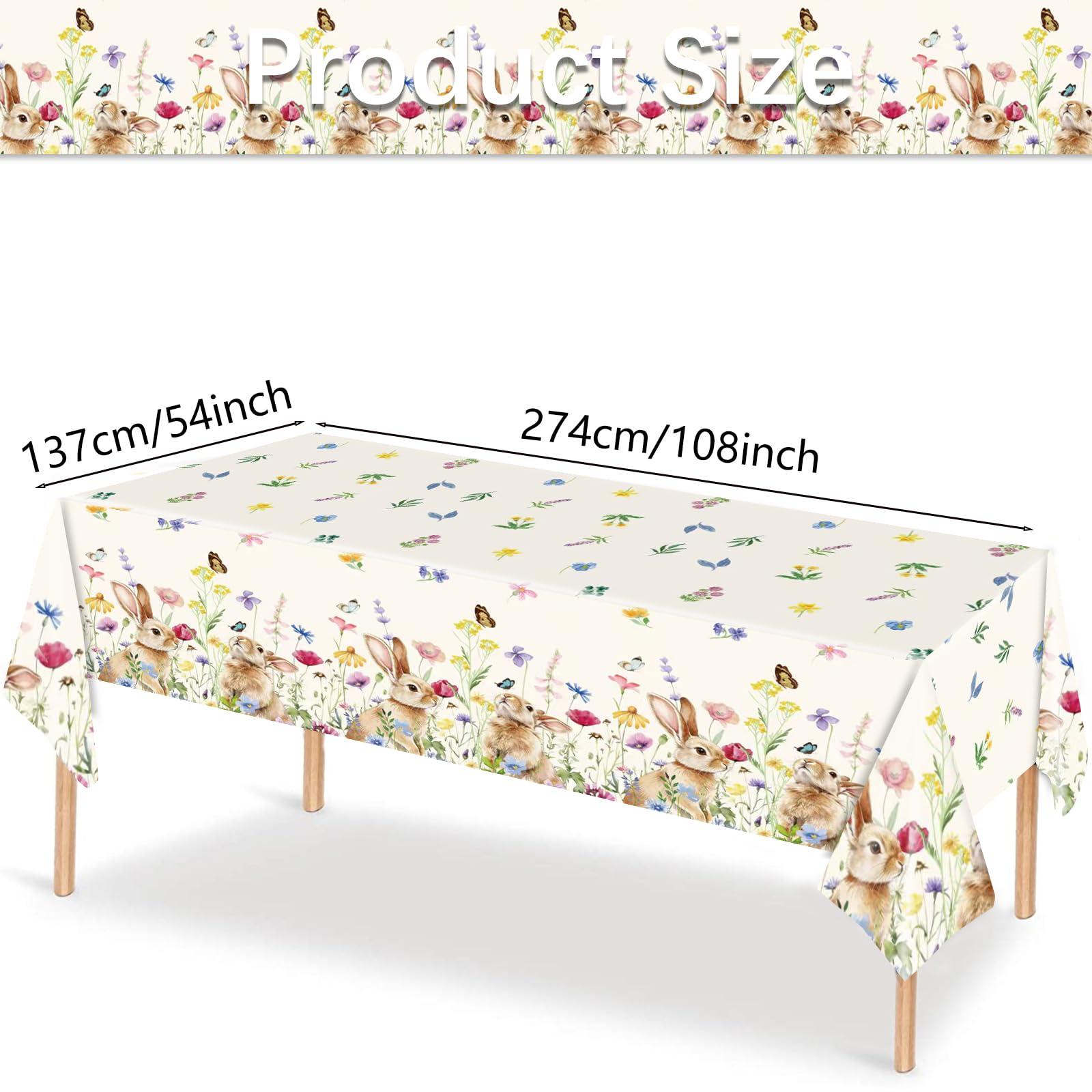 Rectangular disposable table cover with watercolor rabbits and wildflowers