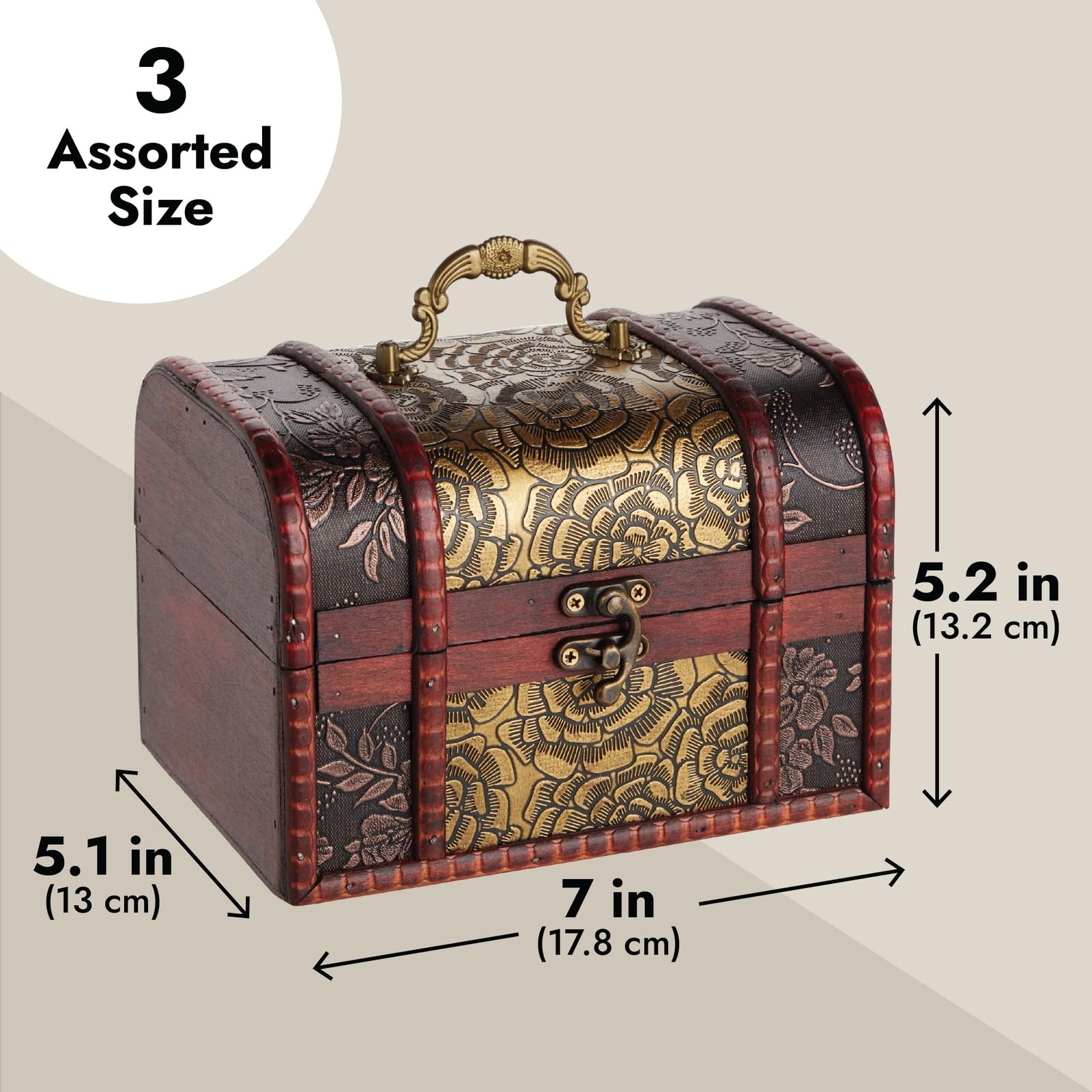 Brown floral wooden treasure chest close up