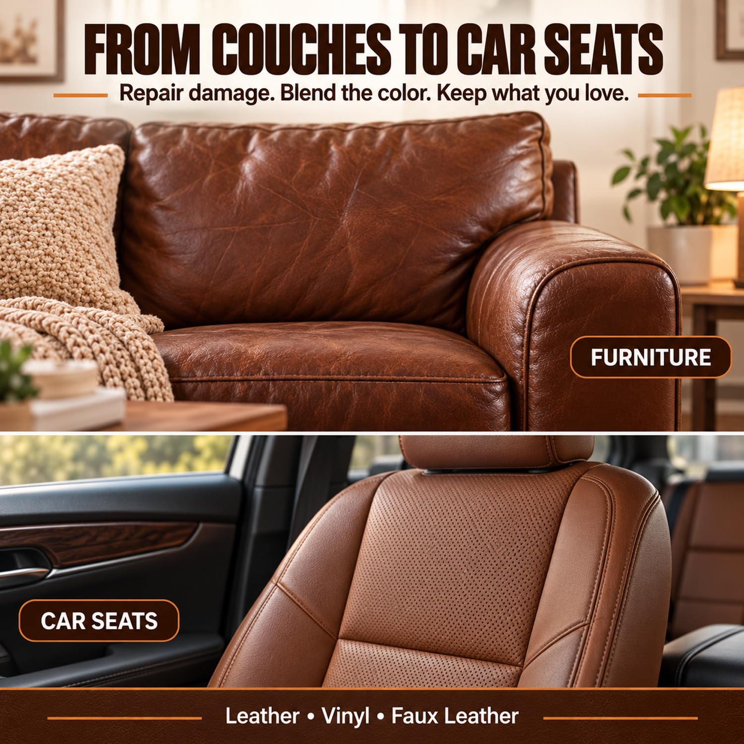 Detailed step-by-step directions included with Brown Leather Repair Kit