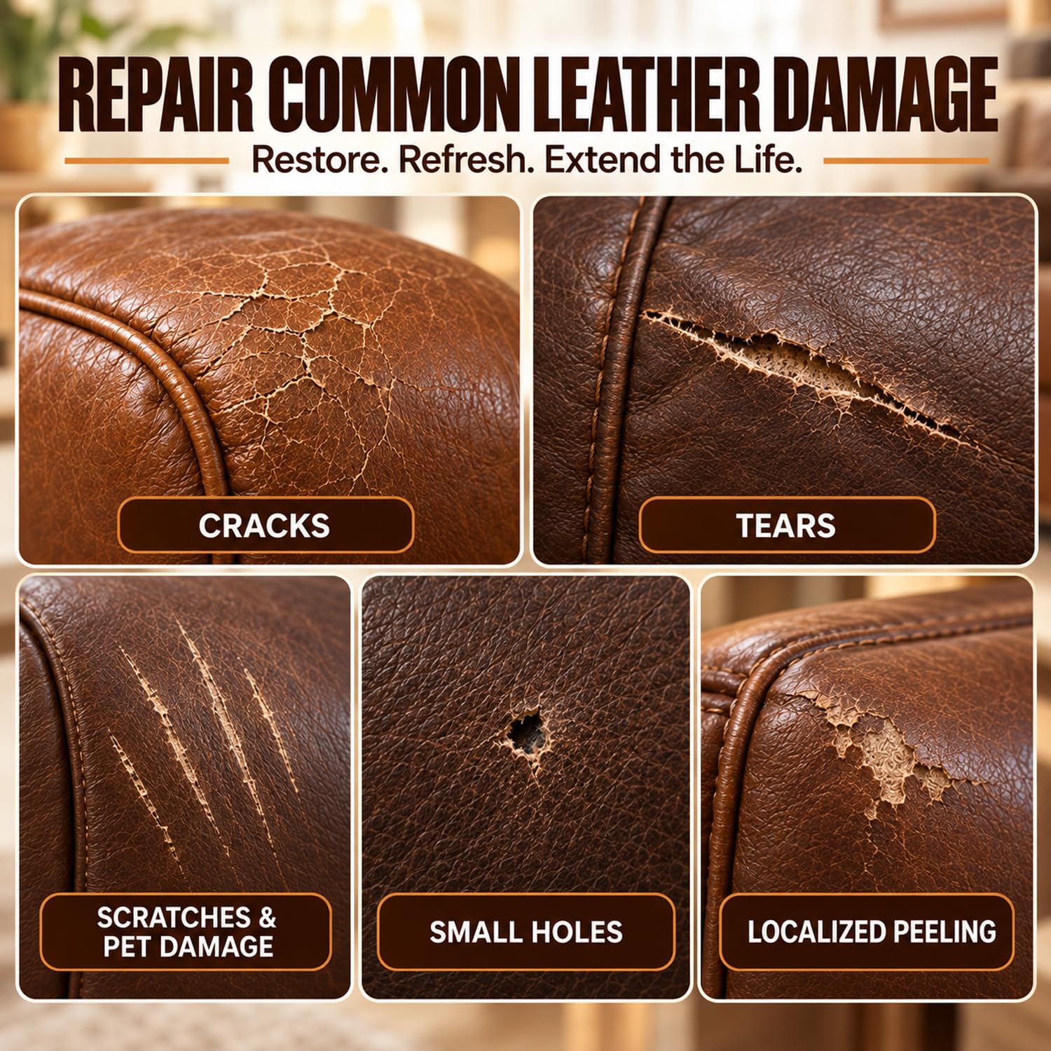 Repair kit compatible with genuine leather and synthetic upholstery