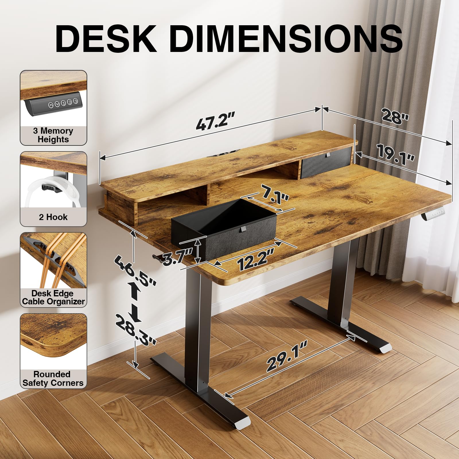 Under-desk hook and cable management tray on Veken desk