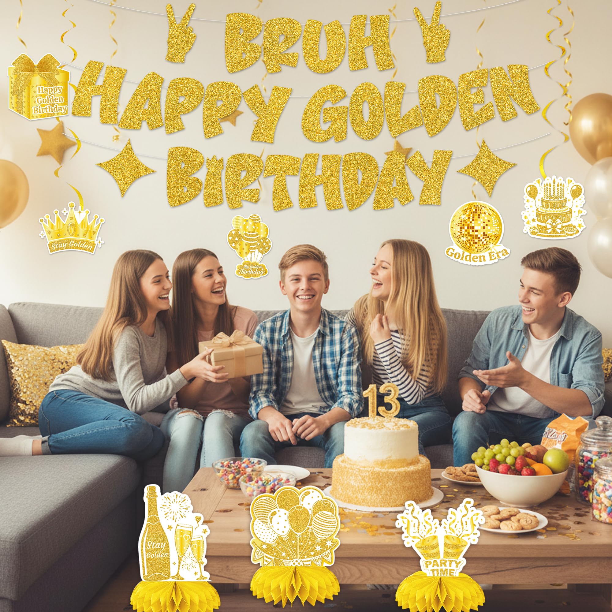 18-inch foil balloons included in Bruh golden birthday decorations