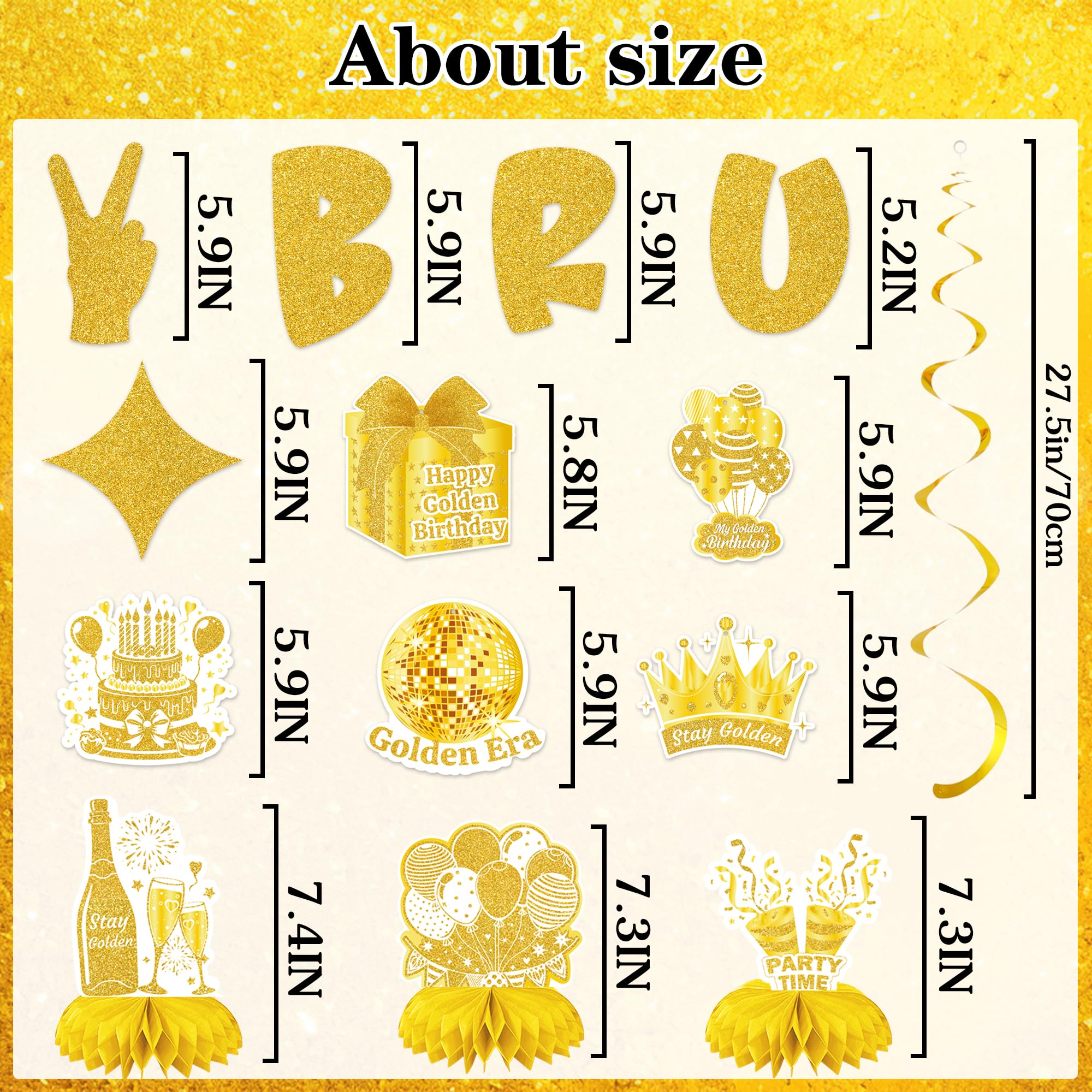 Three honeycomb decorations from Bruh golden birthday kit