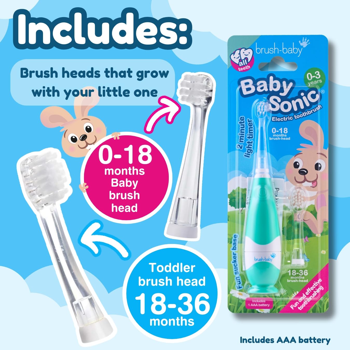 two brush heads babies 0–18 months and toddlers 18–36 months