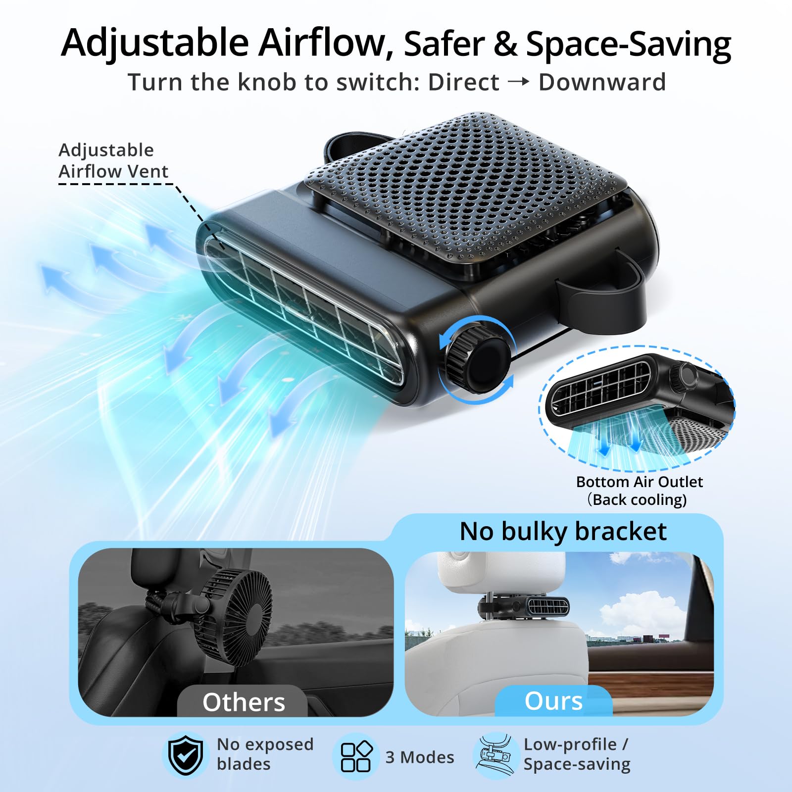 Fits 12V/24V vehicles for backseat airflow