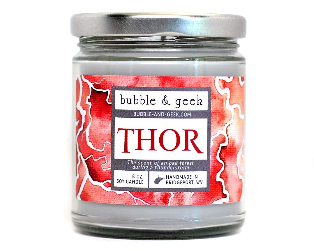 Bubble and Geek Thor scented soy candle 8 oz gray wax with silver lid