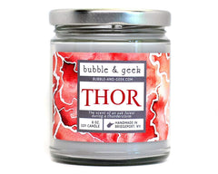 Bubble and Geek Thor scented soy candle 8 oz gray wax with silver lid