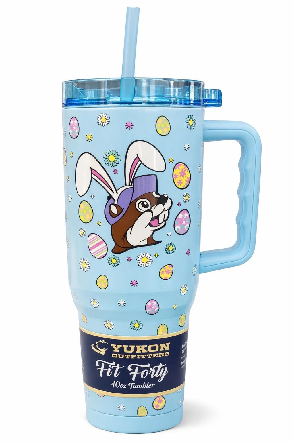 Buc-ee's 40oz insulated tumbler Easter design blue with bunny, handle and straw