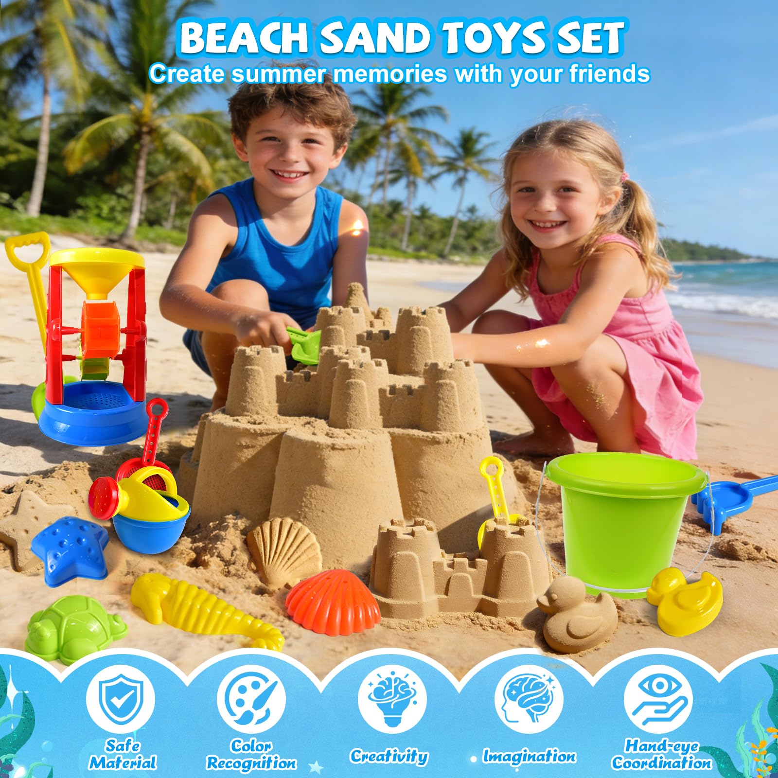 Water wheel spins during sand and water play with Beach Toys set