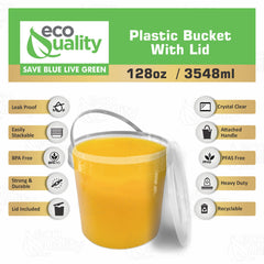clear plastic bucket with attached handle and lid