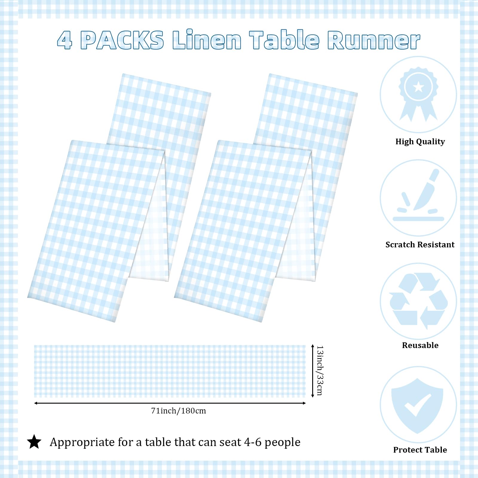 Gingham linen table runner blue white 71x13 inches for farmhouse decor