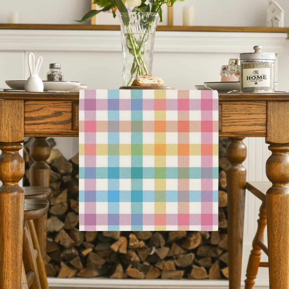 Close-up of 100% spun polyester fabric on Easter table runner