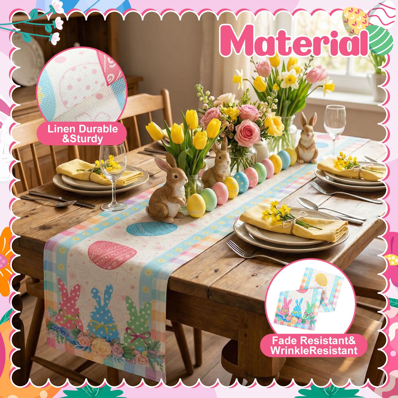 Buffalo plaid Easter runner with bunny eggs decor linen