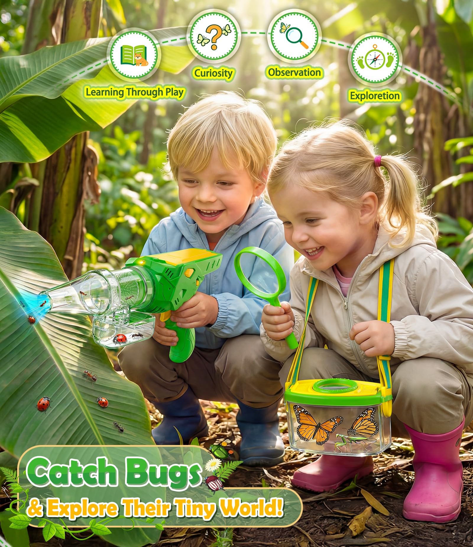 Bug vacuum kit with viewer box and magnifying lid