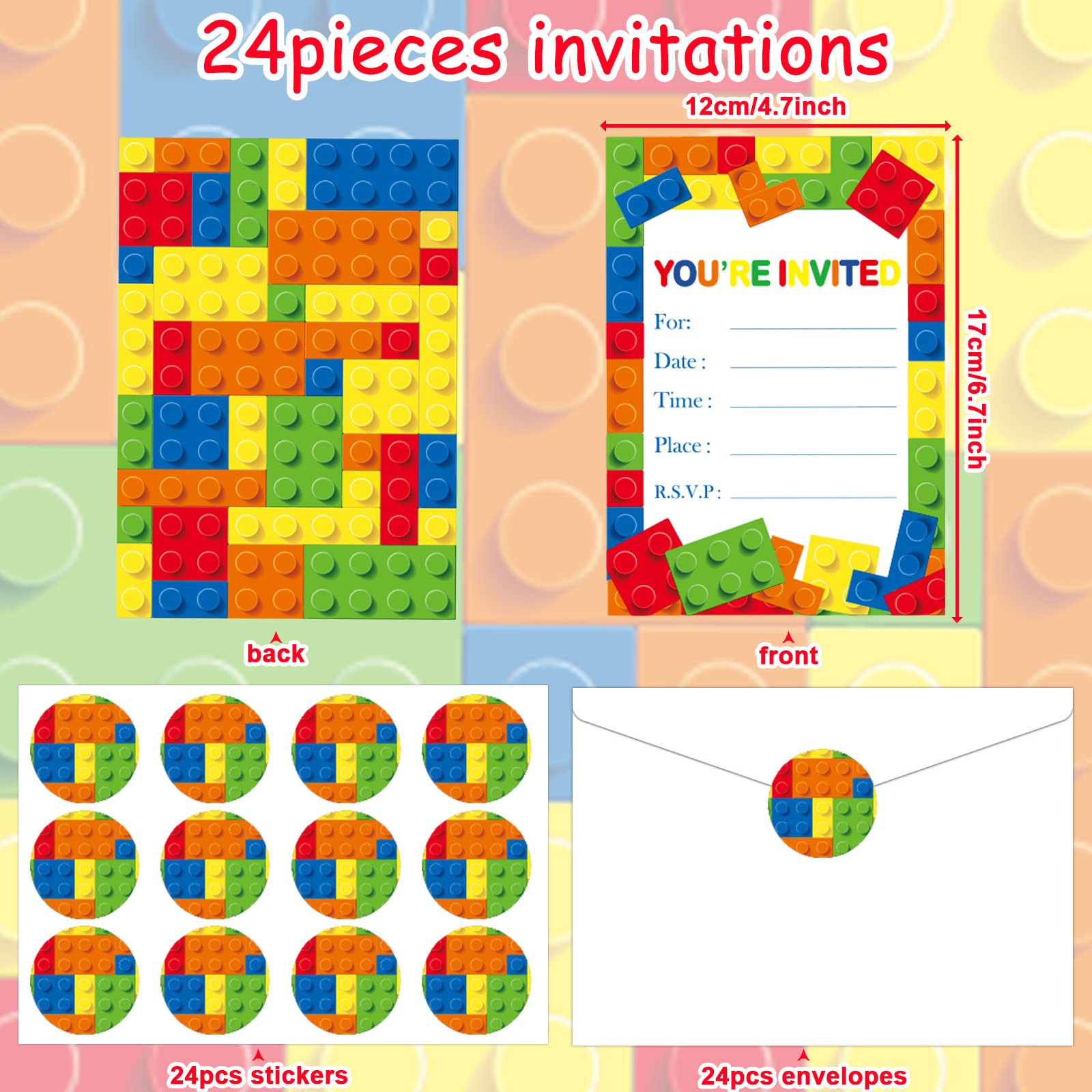 Building blocks invitations with 24 envelopes