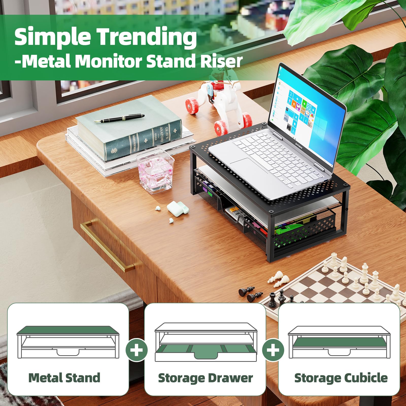 Sturdy metal monitor stand with drawer for office desk