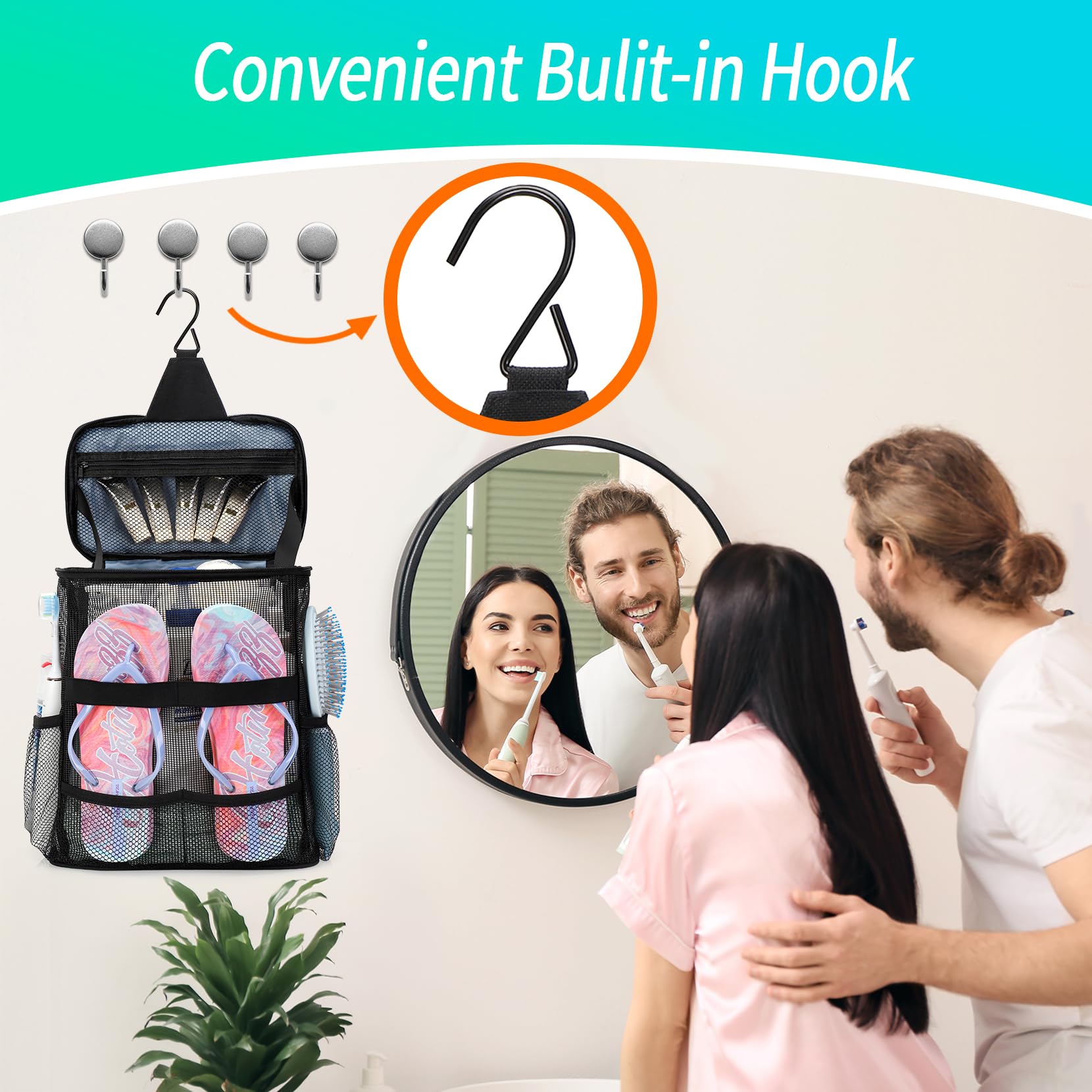 Built-in metal hook for hanging over towel rod or door