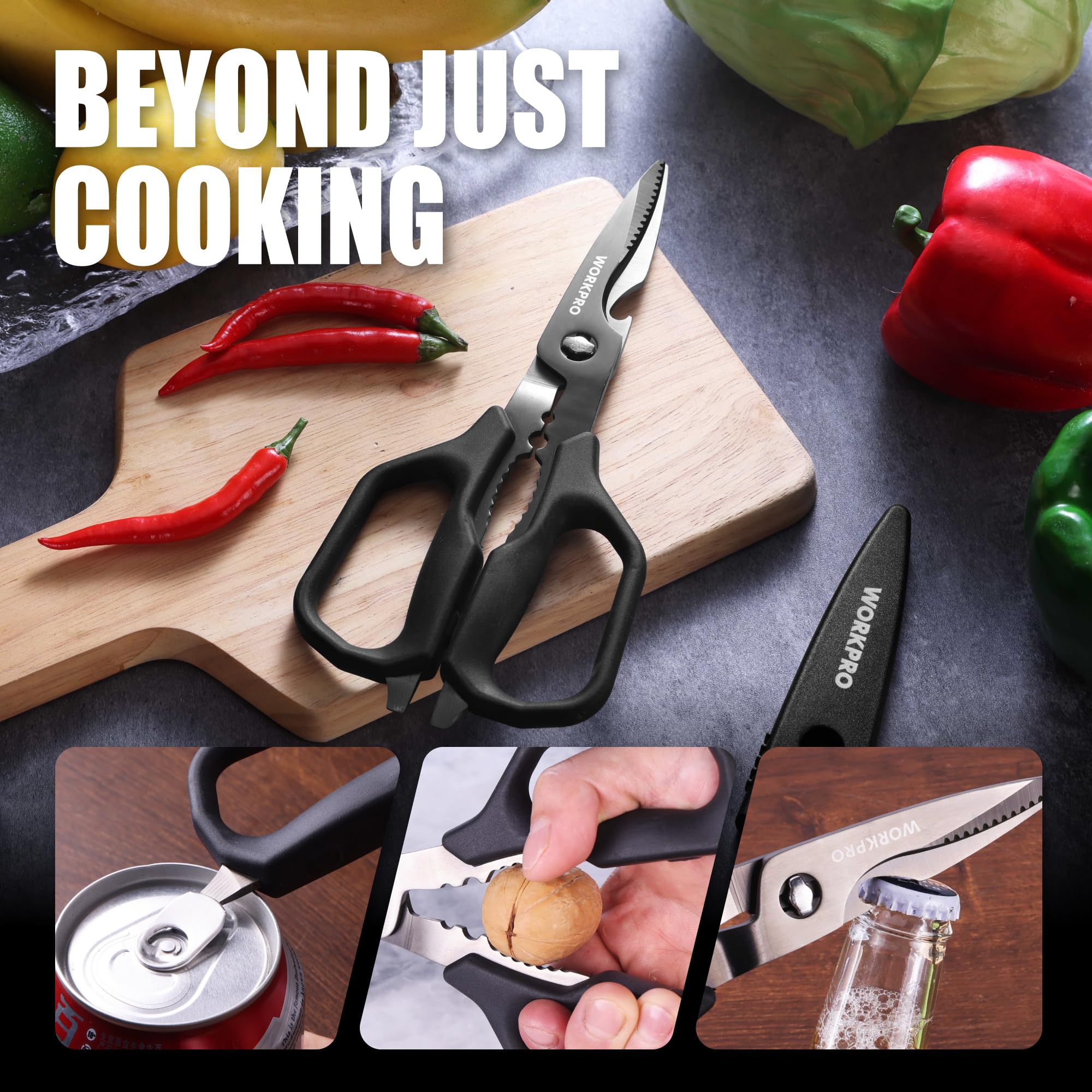 Built in nutcracker and bottle opener on scissors