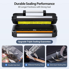 Built-in roll storage and bag cutter feature