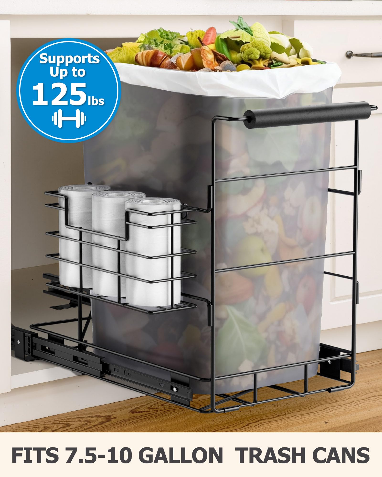 Space-saving under cabinet trash can pull-out design