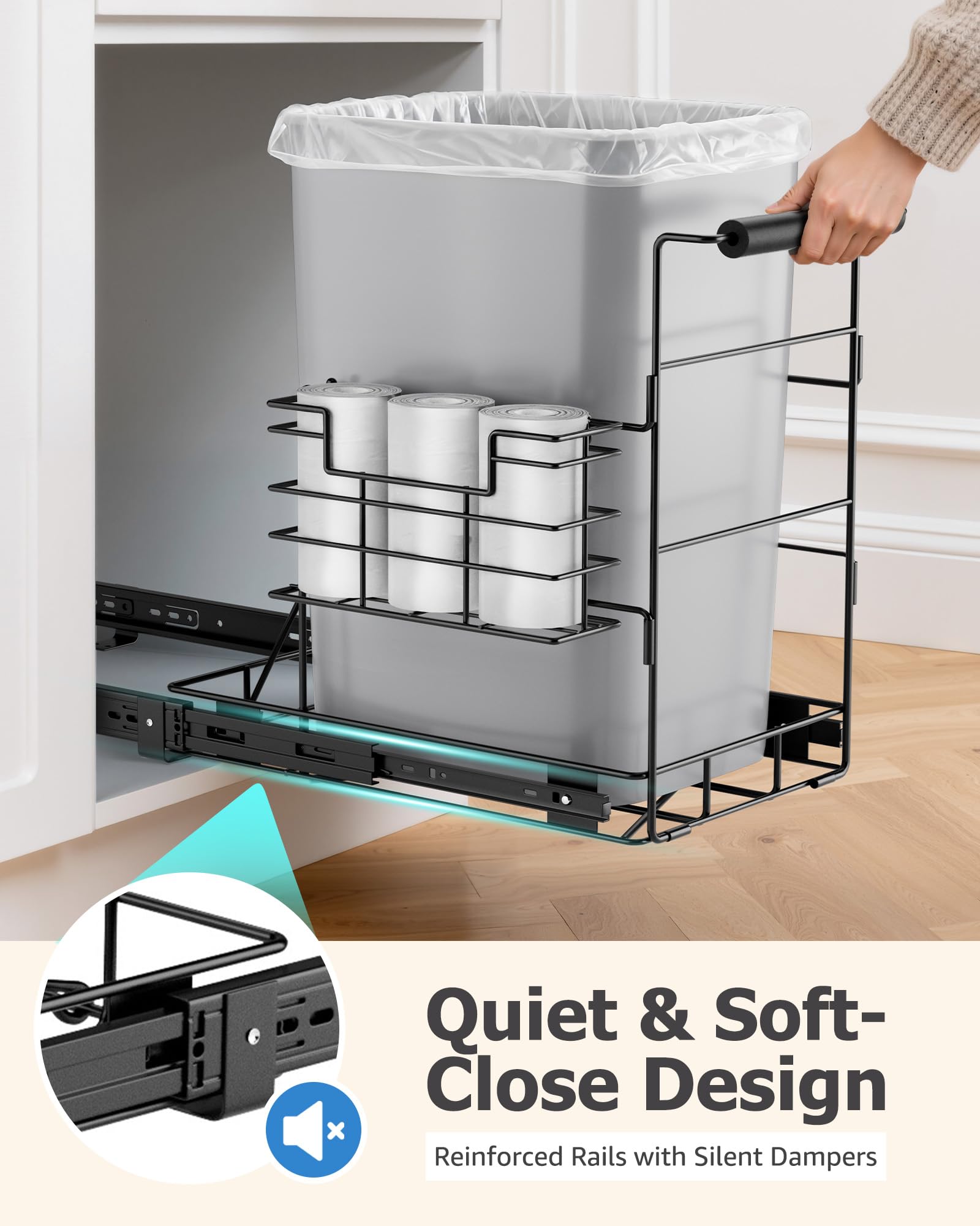 Integrated garbage bag holder for visible liners