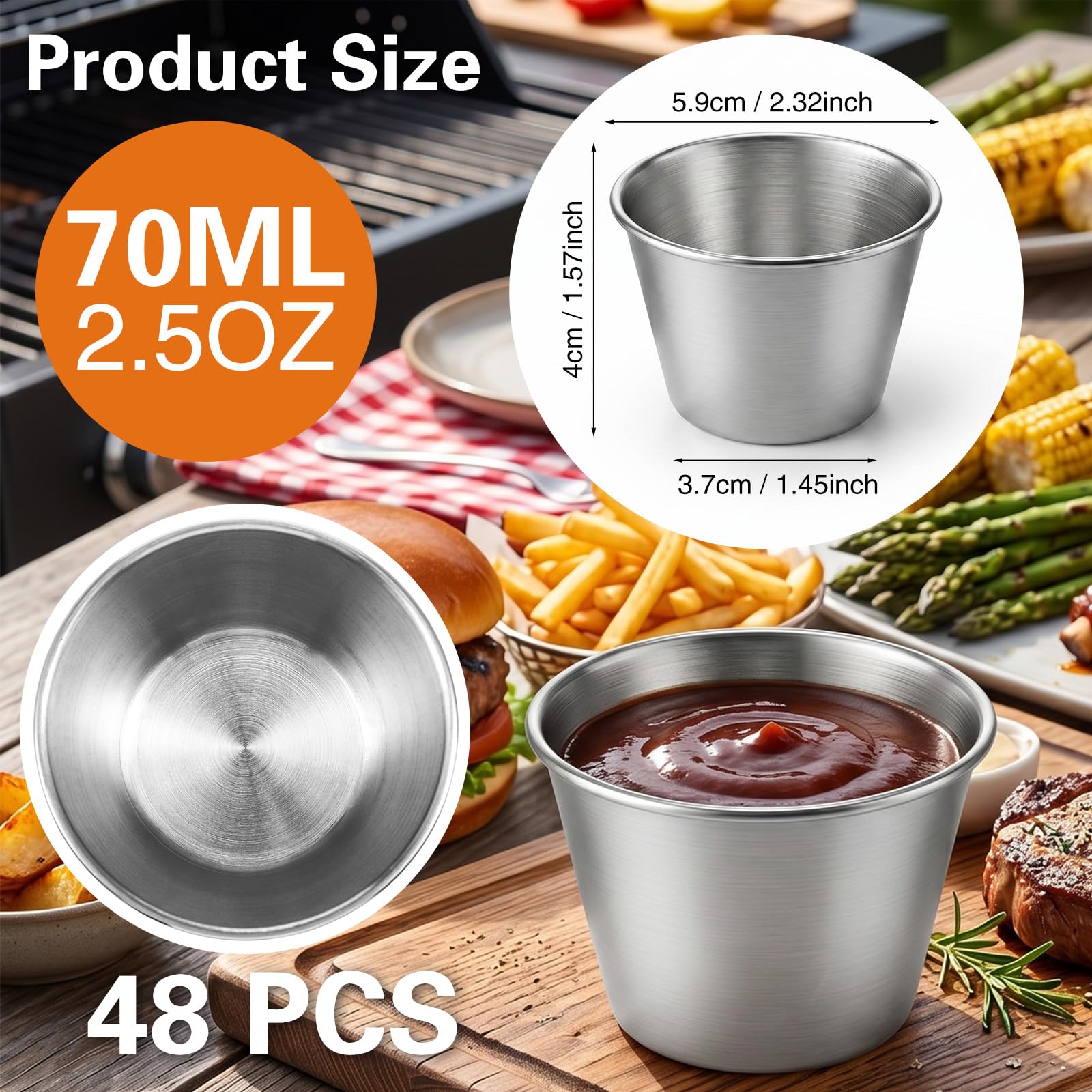 2.5 oz capacity stainless steel condiment cups for serving