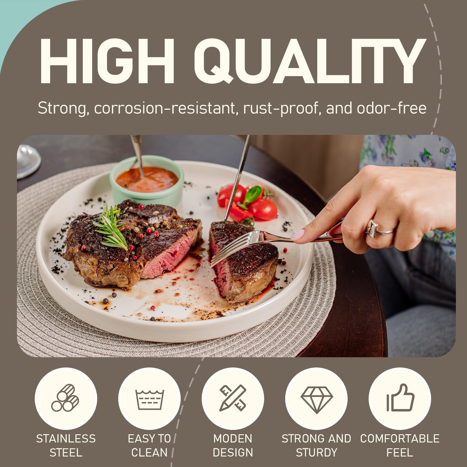 Stainless steel dinner forks with smooth edges for safe handling