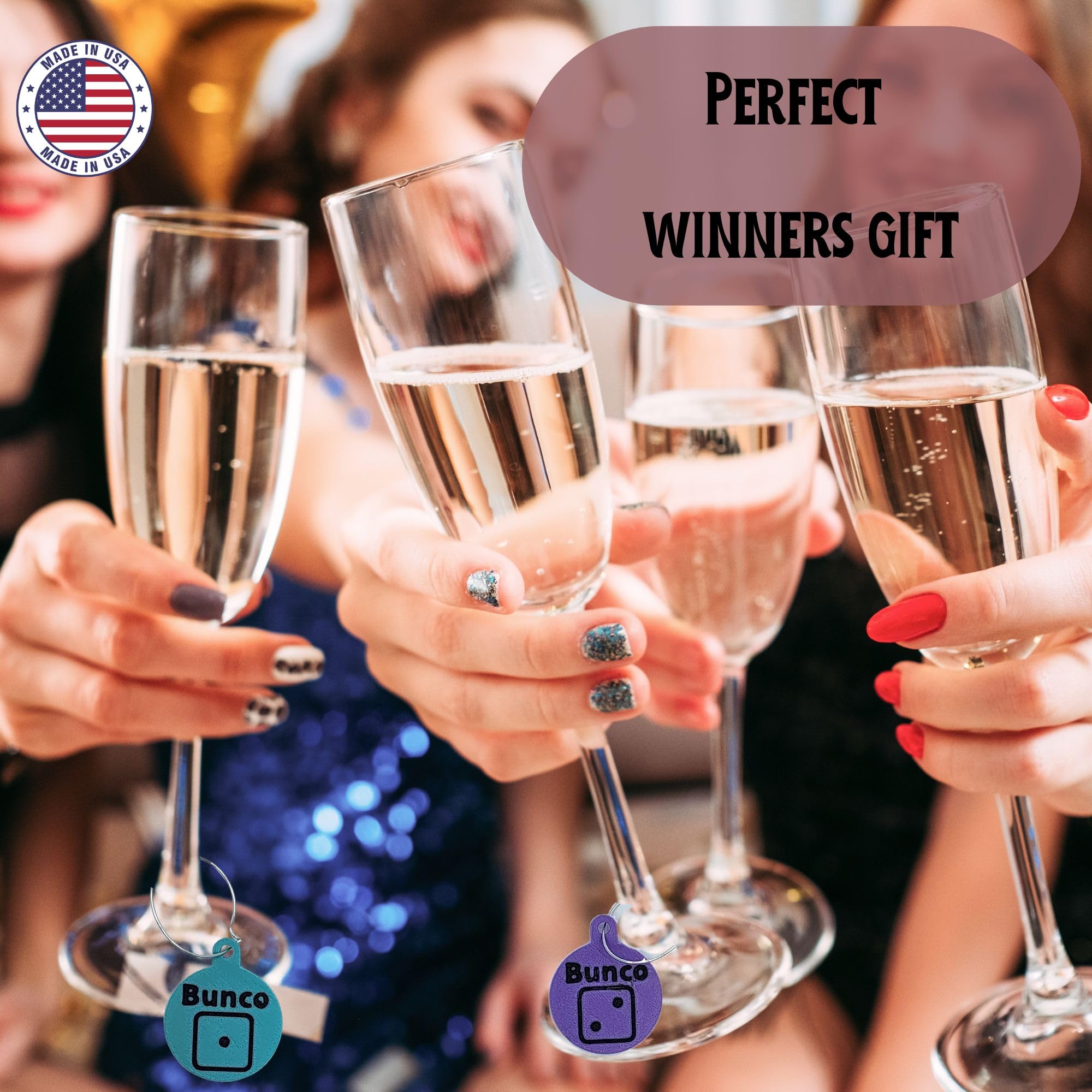 Durable and easy open bunco dice wine glass charms with clasps