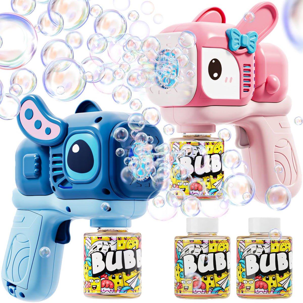 Two bunny bubble guns in pink and blue for a 2 pack display
