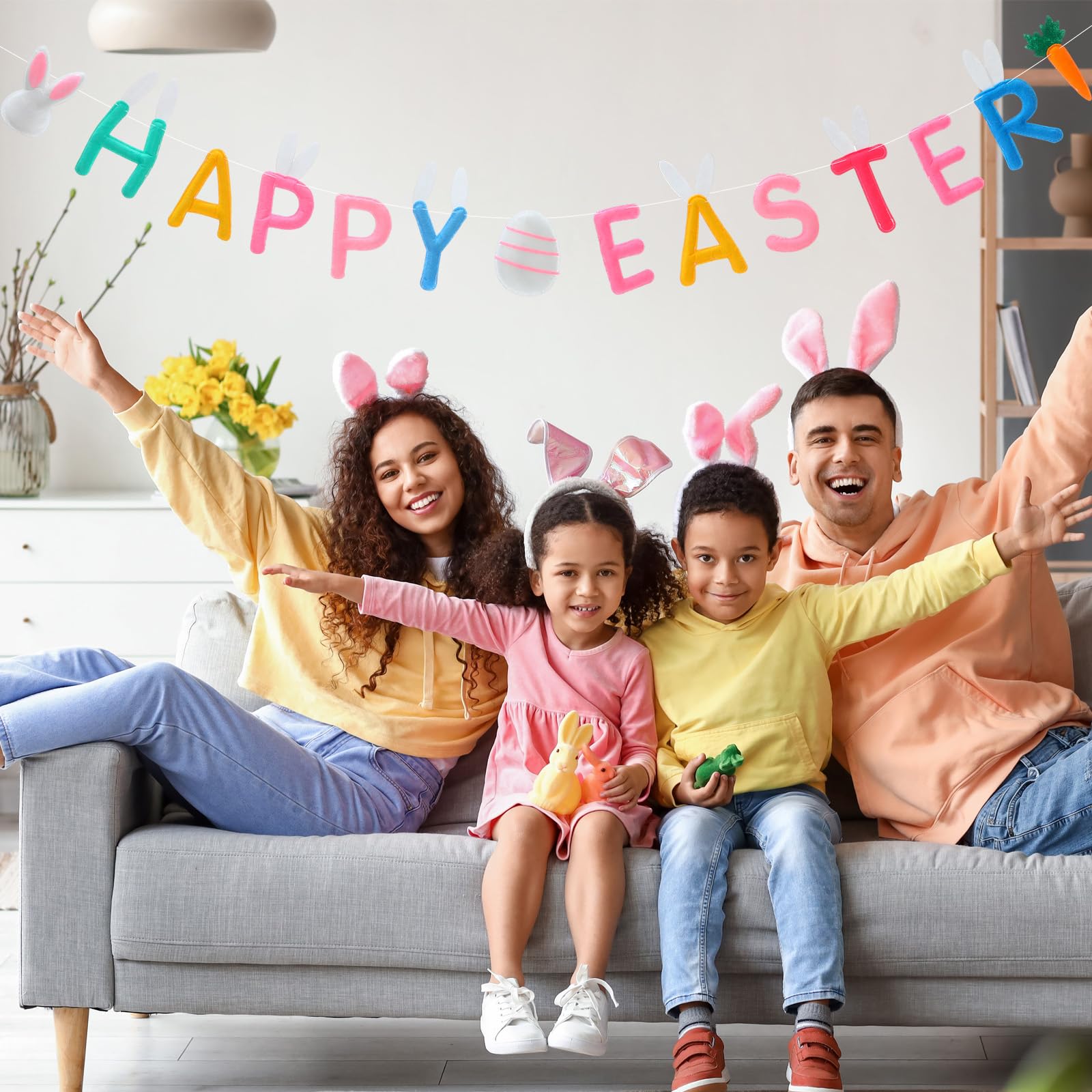 Double-sided Easter banner showing bunnies carrots eggs