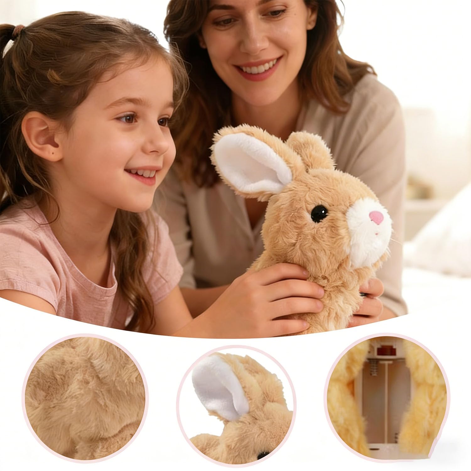 Toy bunny jumping and twitching ears in white color