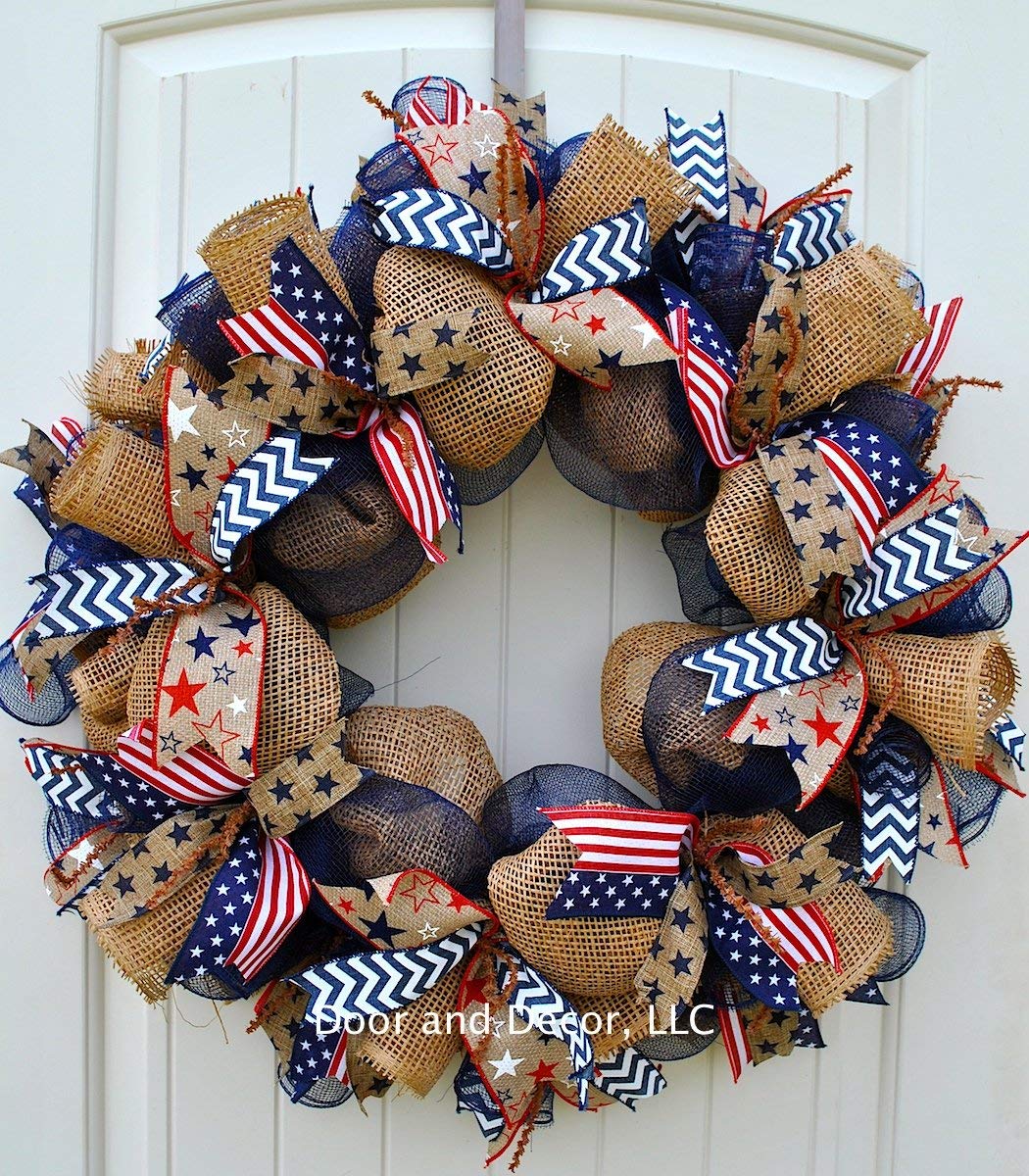 Burlap style mesh detail on patriotic wreath