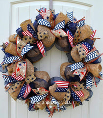 Burlap style mesh detail on patriotic wreath