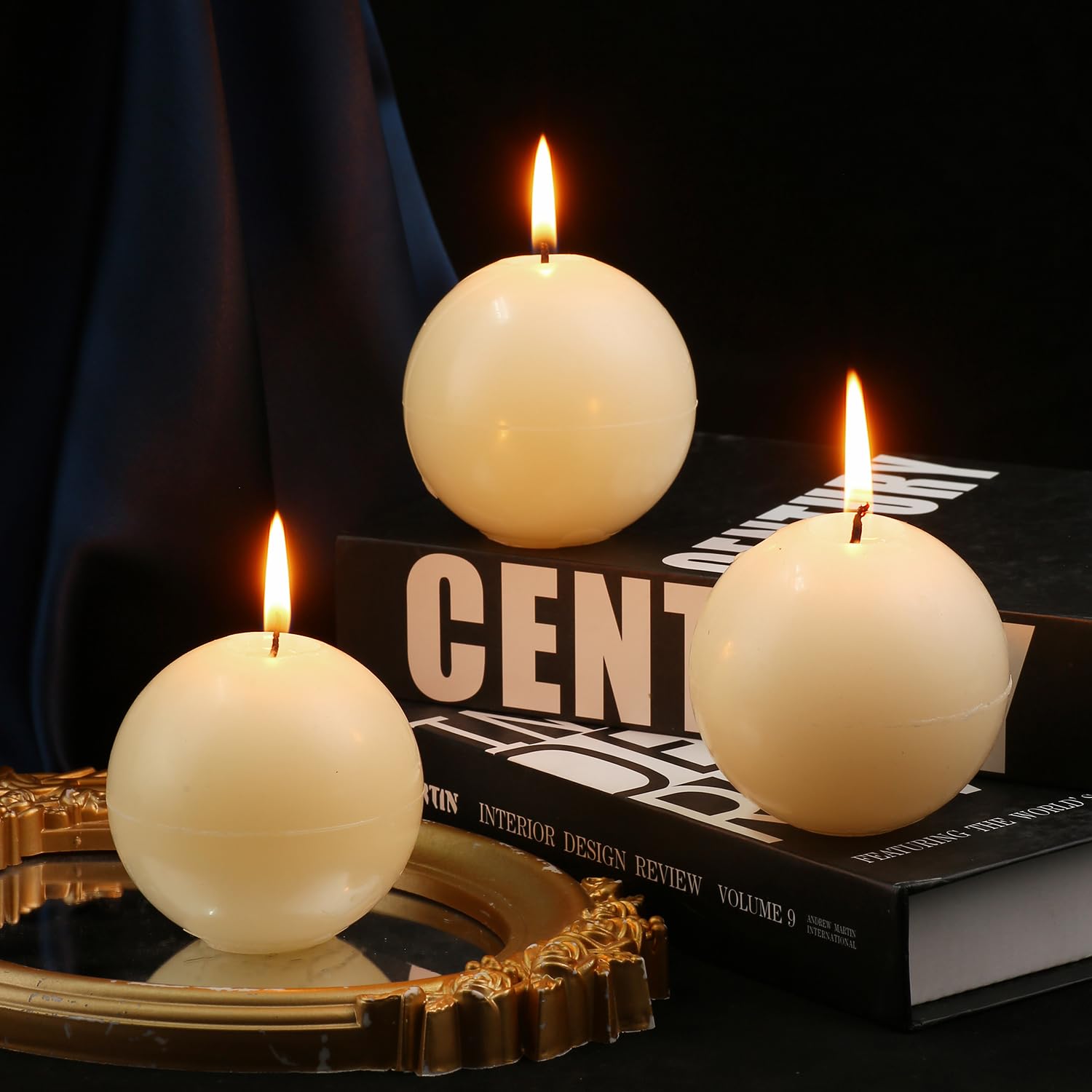 Three 3 inch unscented ball pillar candles ready for display