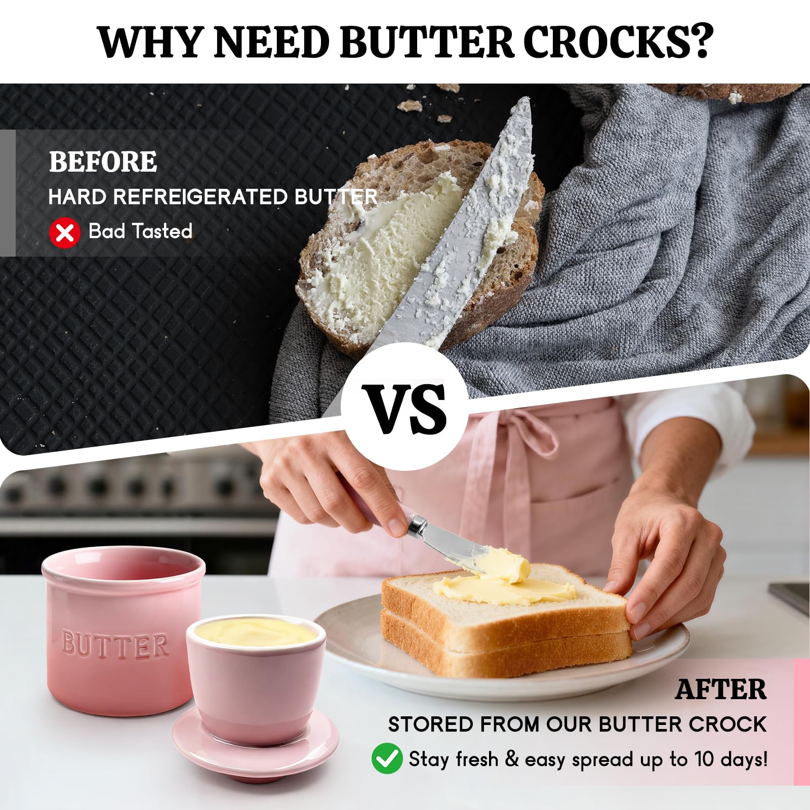 Included butter knives beside the crocks