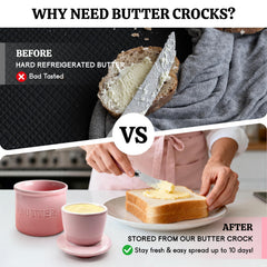 Included butter knives beside the crocks