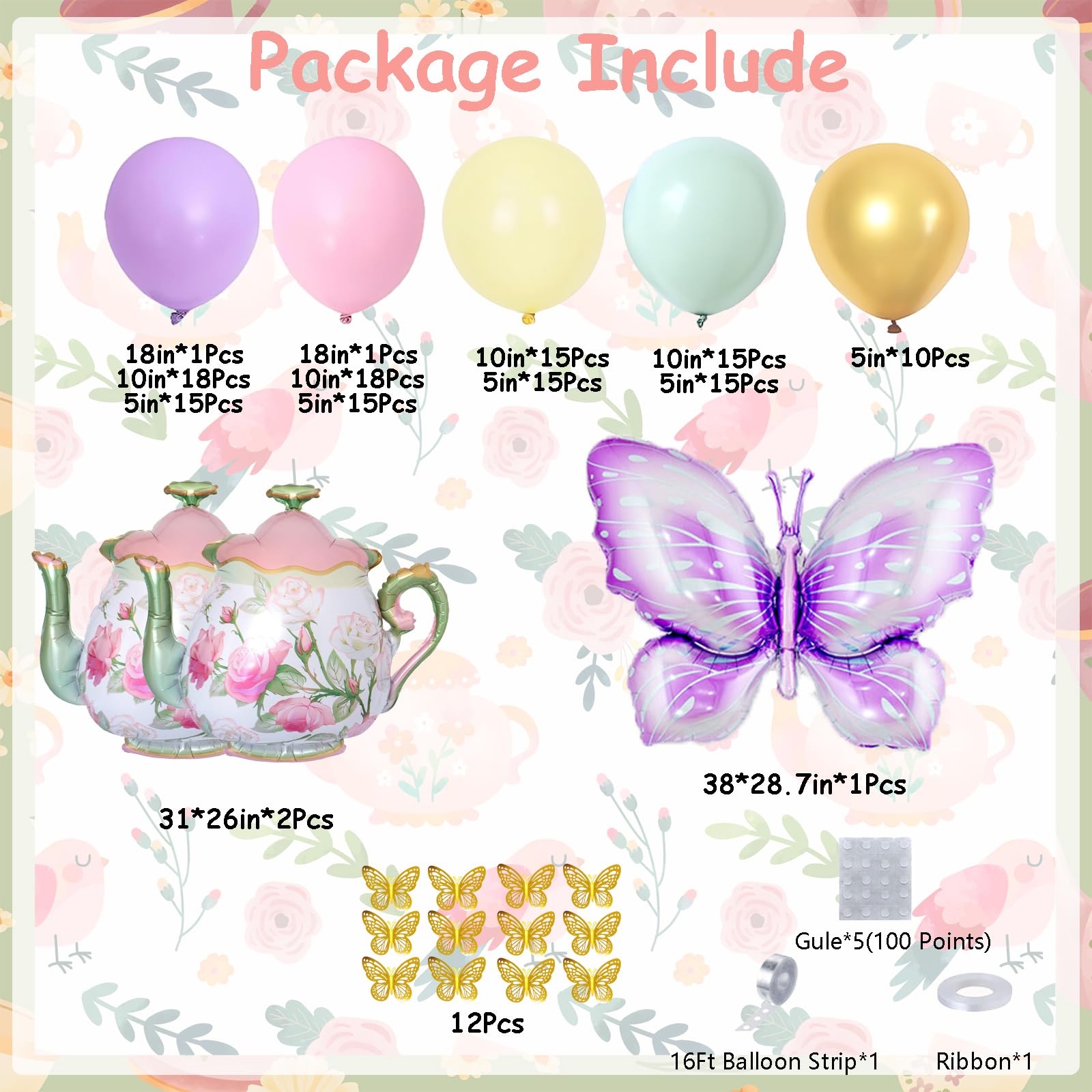 Butterfly foil balloons included with Tea Party Decorations