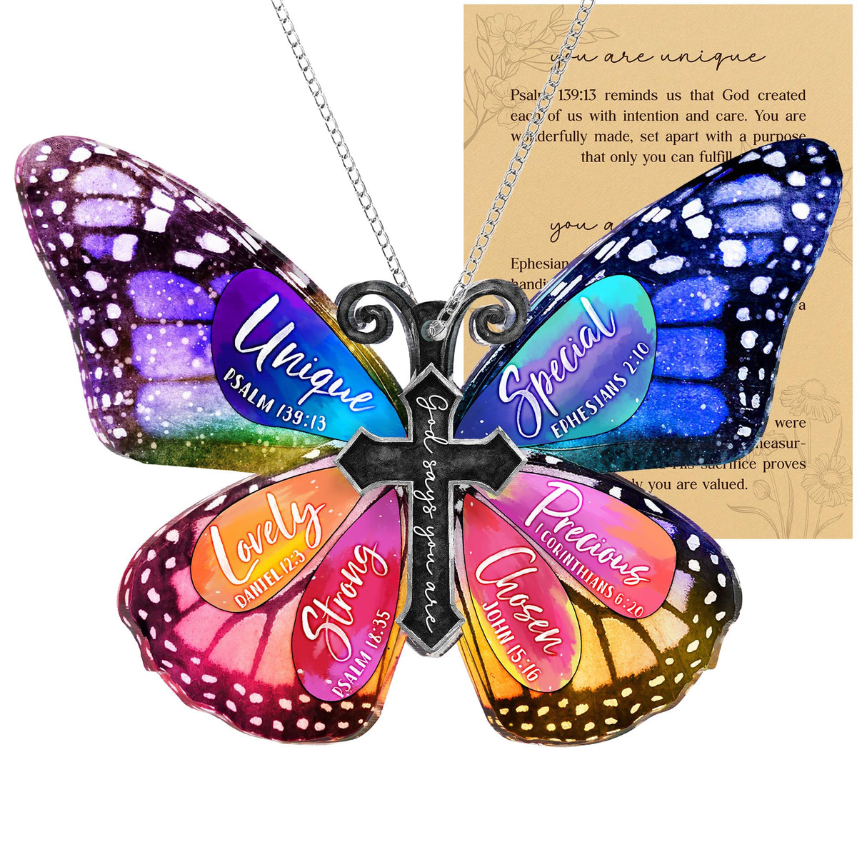Butterfly religious cross acrylic ornament with story card hanging on car mirror